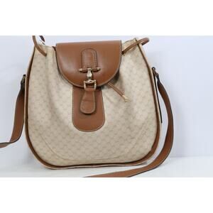 Vintage Gucci Saddle Cream GG Logo Canvas Brown Leather Flap Shoulder Bag 80's